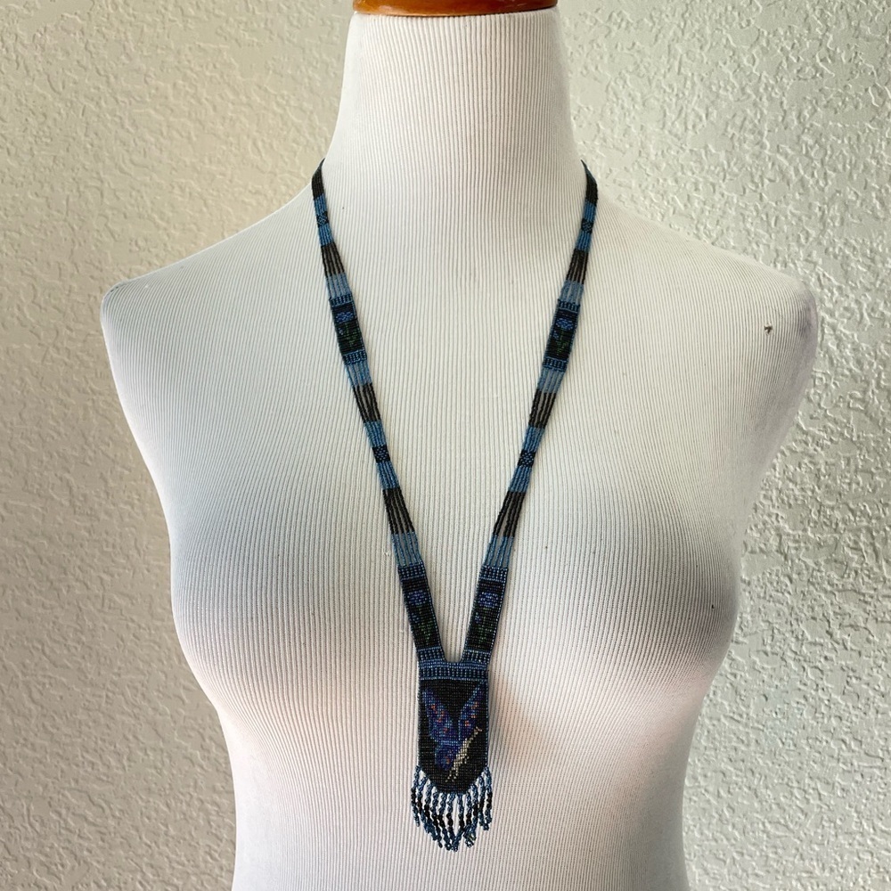 Antique 1920s Flapper Art Deco‎ Micro Beaded Necklace with Butterfly - Picture 3 of 10